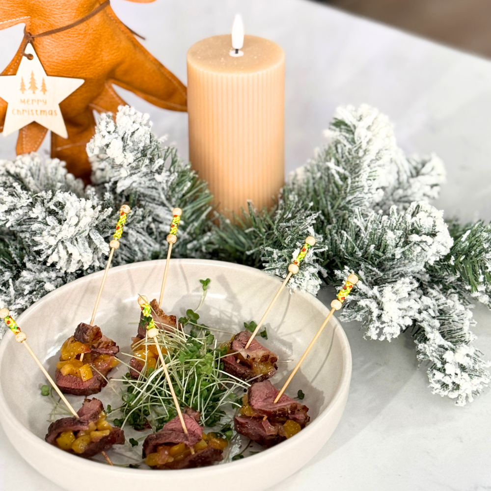 Magret de canard en bouchées et chutney de mangue