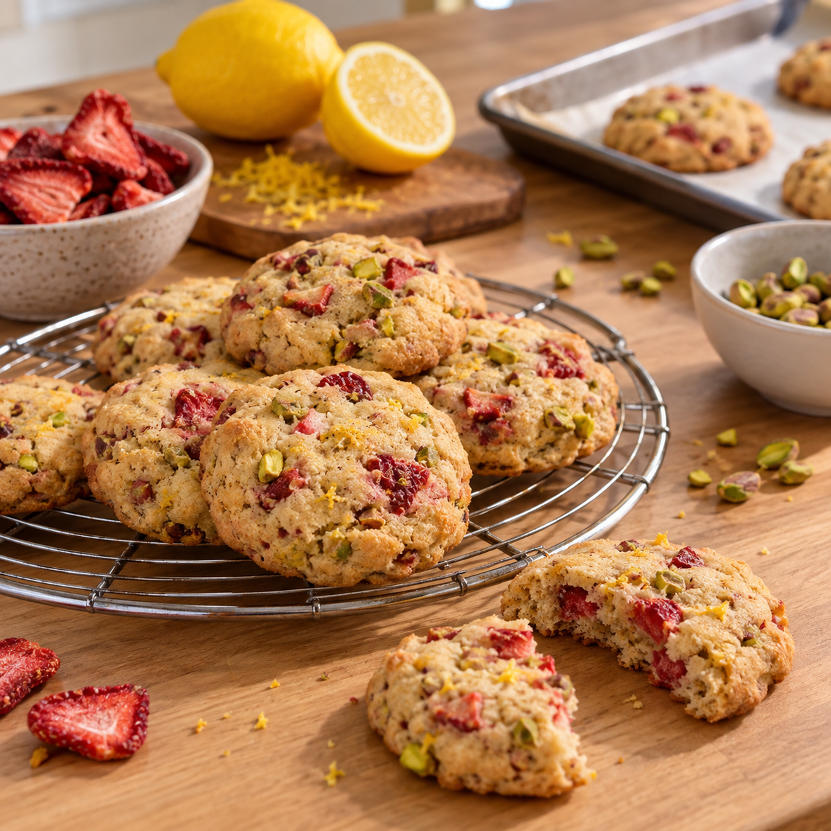 Biscuits aux fraises, pistaches et citron
