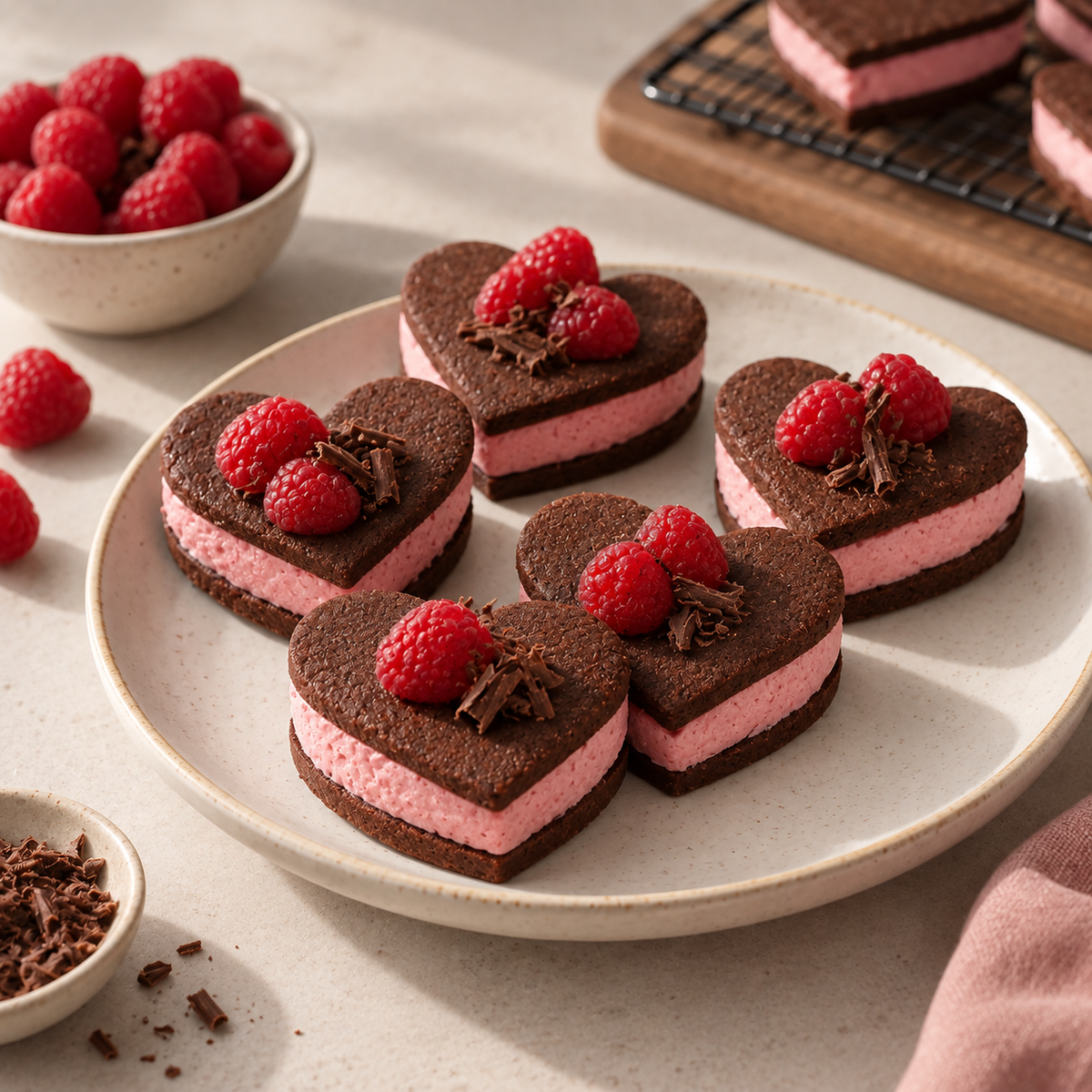 Biscuits sablés cacao mousse framboises