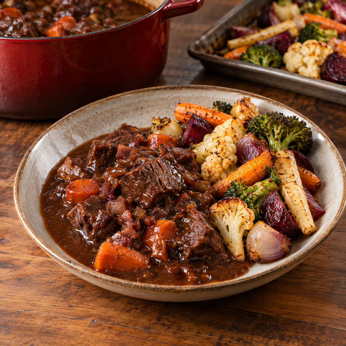 Boeuf bourguigon et légumes rôtis