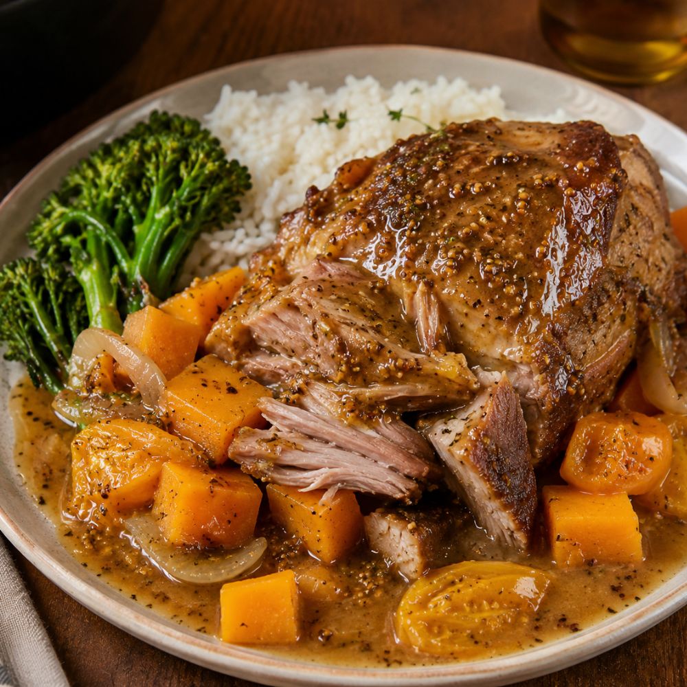 Braisé de porc à la moutarde, courge et tomates jaunes
