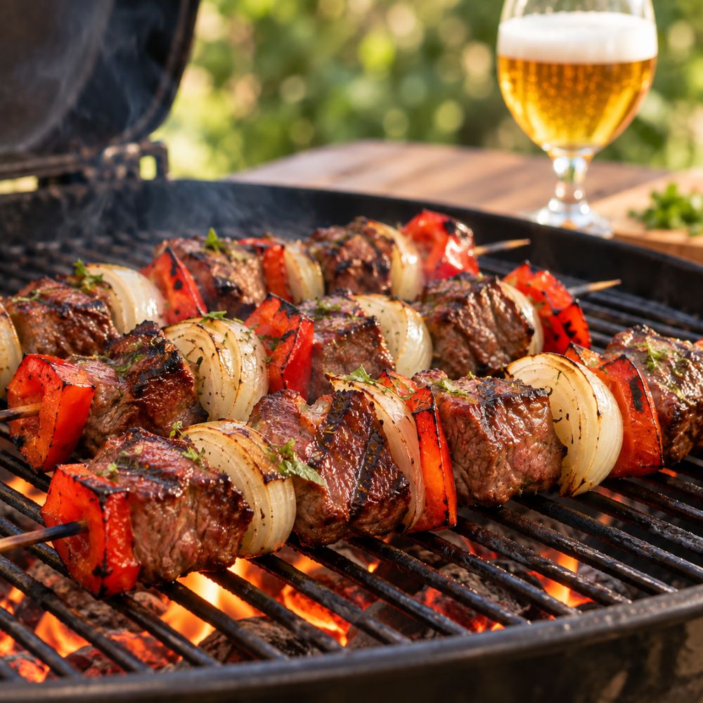 Brochette de bœuf au raifort et leffe blonde