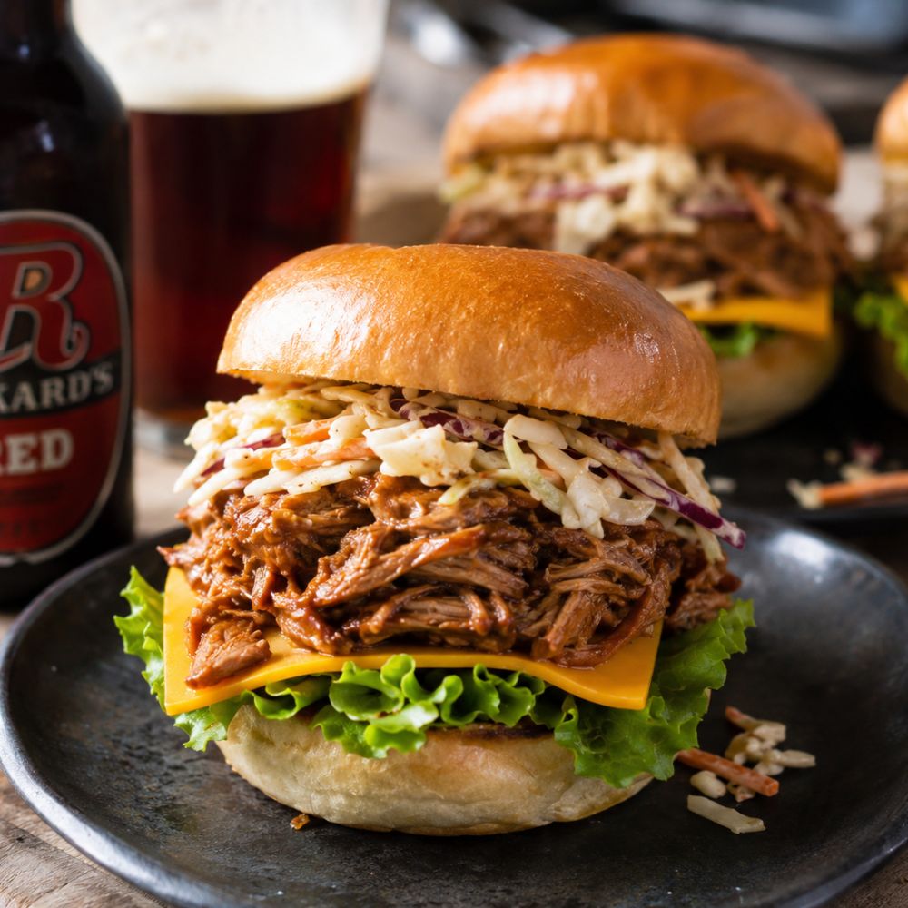 Burger de porc effiloché à la bière et moutarde