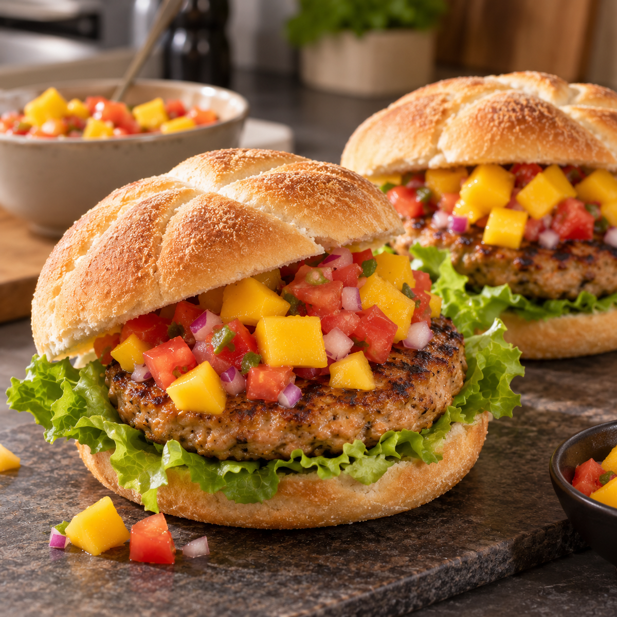 Burger et salsa mangue et tomate