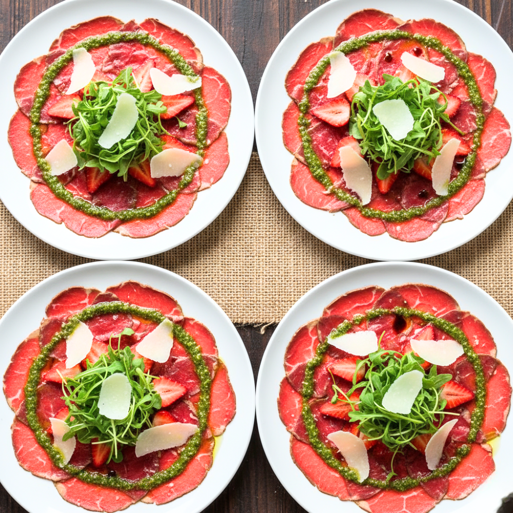 Carpaccio de bœuf et fraises, roquette et parmesan