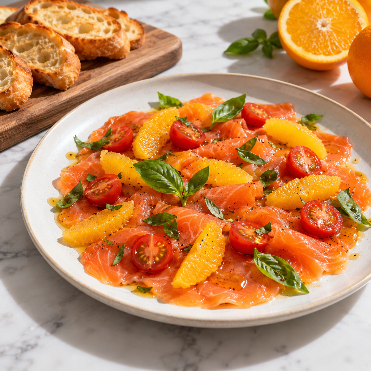 Carpaccio de truite, suprêmes d’orange et tomates cerises