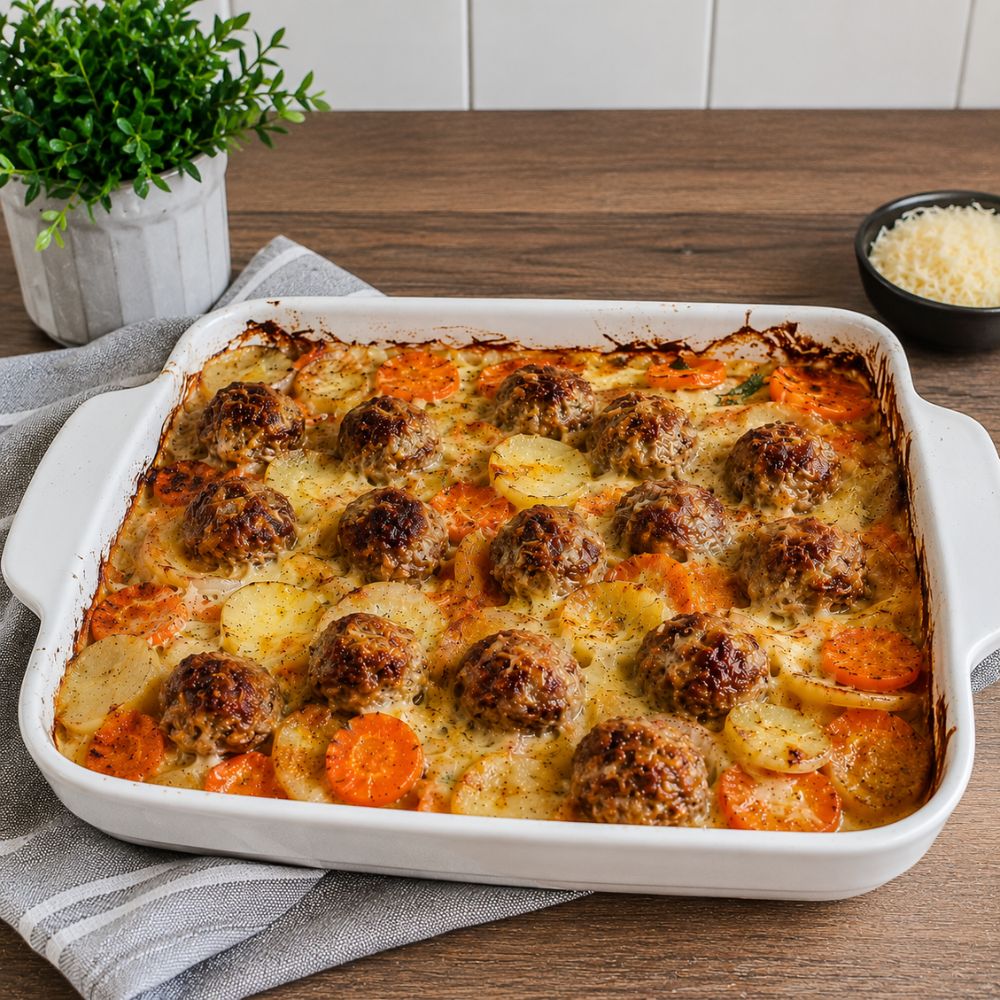 Casserole de boulettes de porc sauce hamburger steak et légumes racines