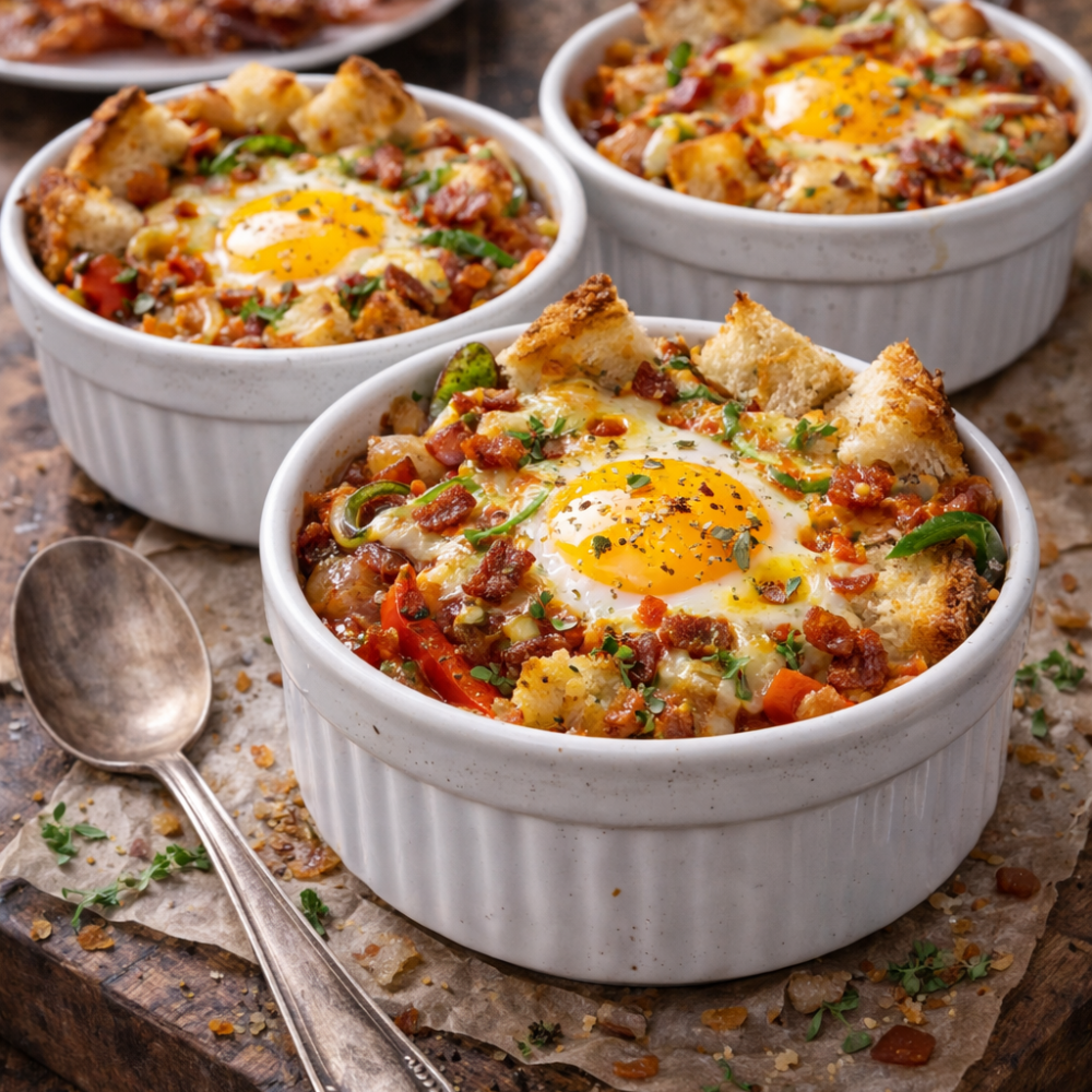 Cassolette brunch (cubes de pain, sauce tomates, œuf, bacon, et fromage)