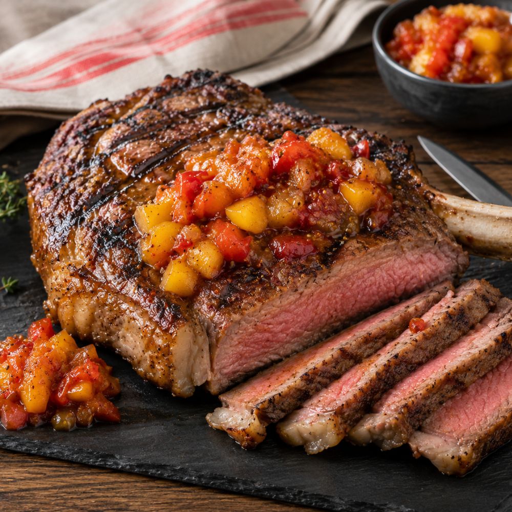 Côte de bœuf et chutney de pêches
