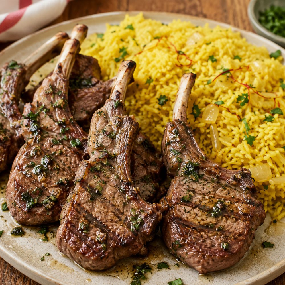 Côtelettes d’agneau grillées, persillade et riz safranné