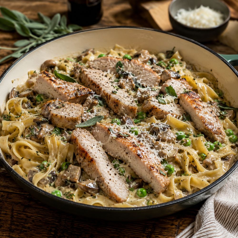 Côtelettes de porc et pâtes crémeuses à la sauge