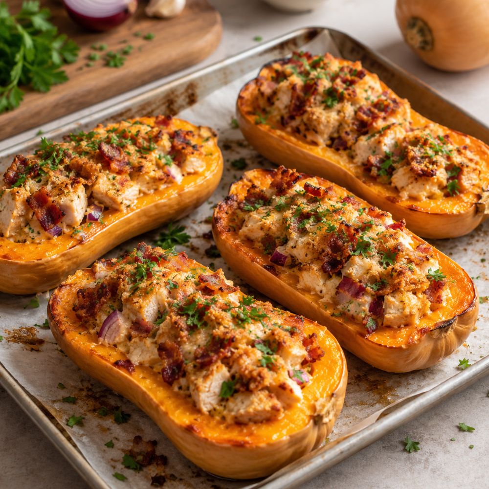 Courge butternut gratinée au bacon et poulet