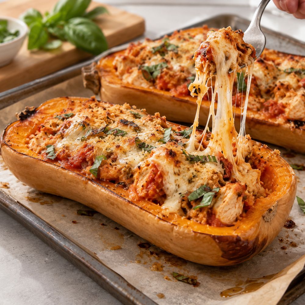 Courge butternut rôtie, poulet grillé et fromage
