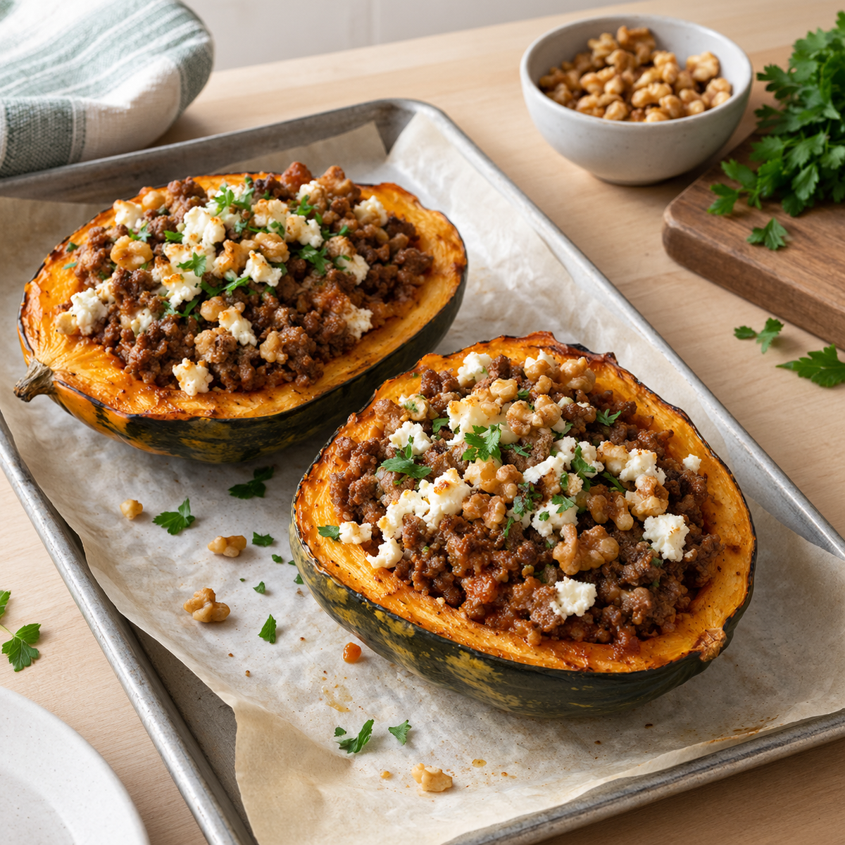 Courge rôtie farcie au bœuf, feta & noix