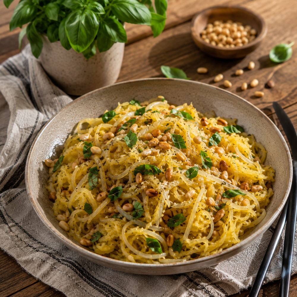 Courge spaghetti au basilic et pignons de pin