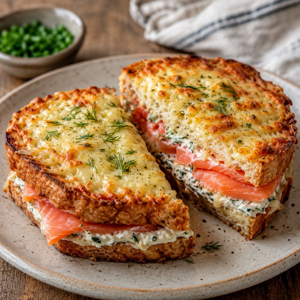 Croque-Monsieur au saumon fumé Pastrami et chèvre frais