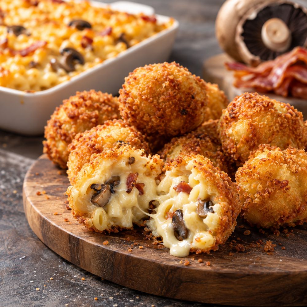 Croquettes de mac and cheese au portobello et bacon