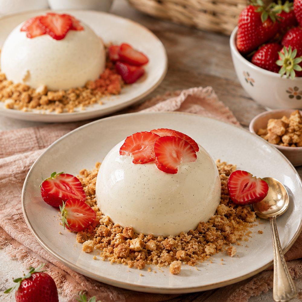 Dôme vanille et fraise sur éclats de biscuit