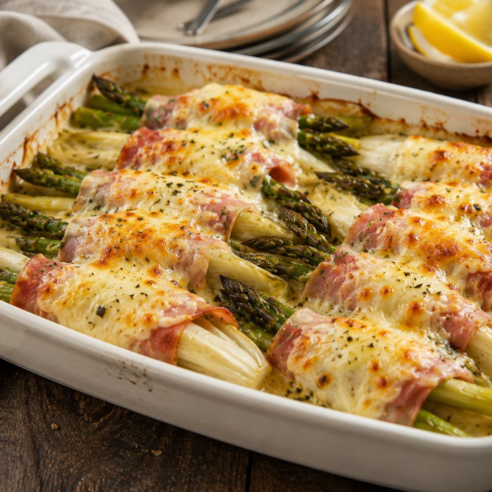 Endives et asperges au jambon, gratinées