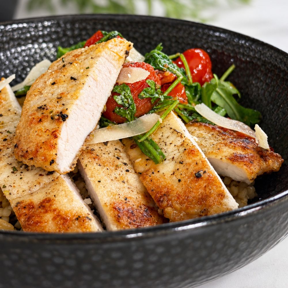 Escalope de porc au parmesan, tomates rôties et roquette
