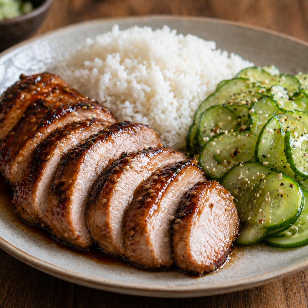 Filet de porc asiatique laqué et salade de concombre