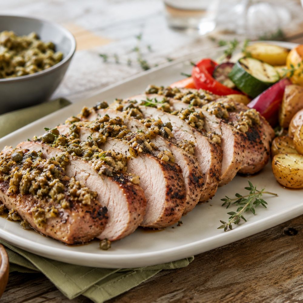 Filet de porc grillé et tapenade d’olives
