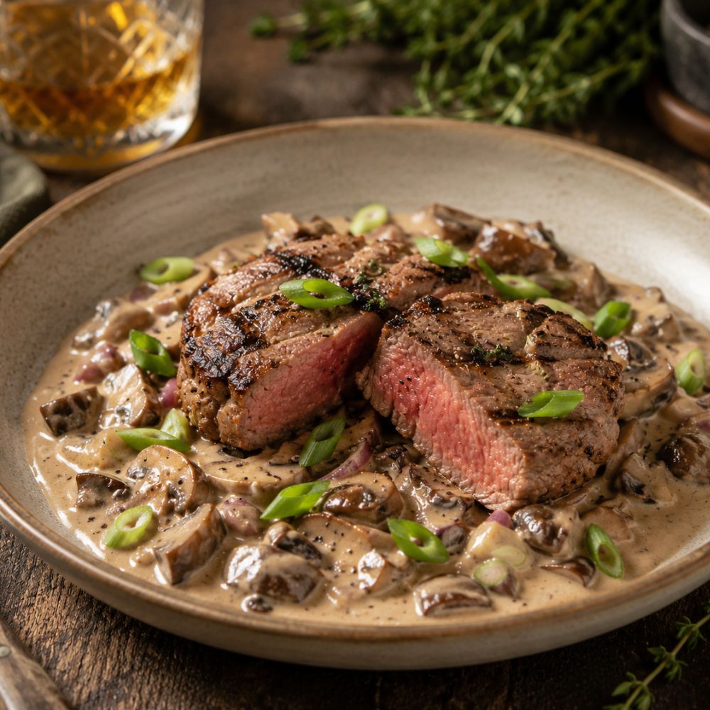 Filet de veau raifort whisky et champignons crémeux