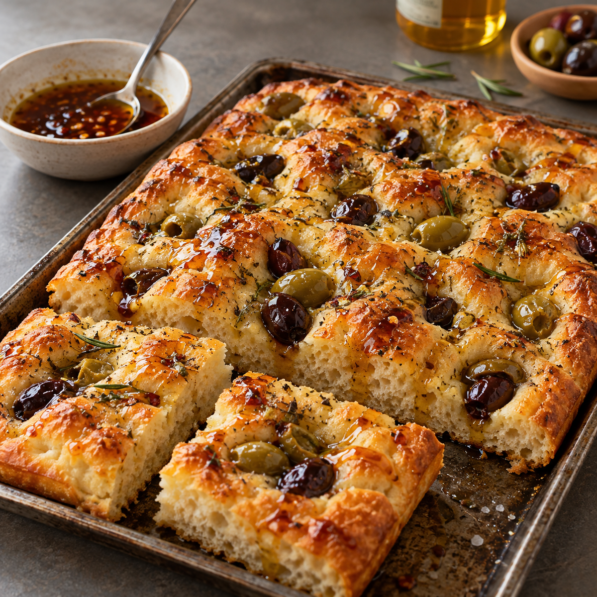 Focaccia à la bière et olives
