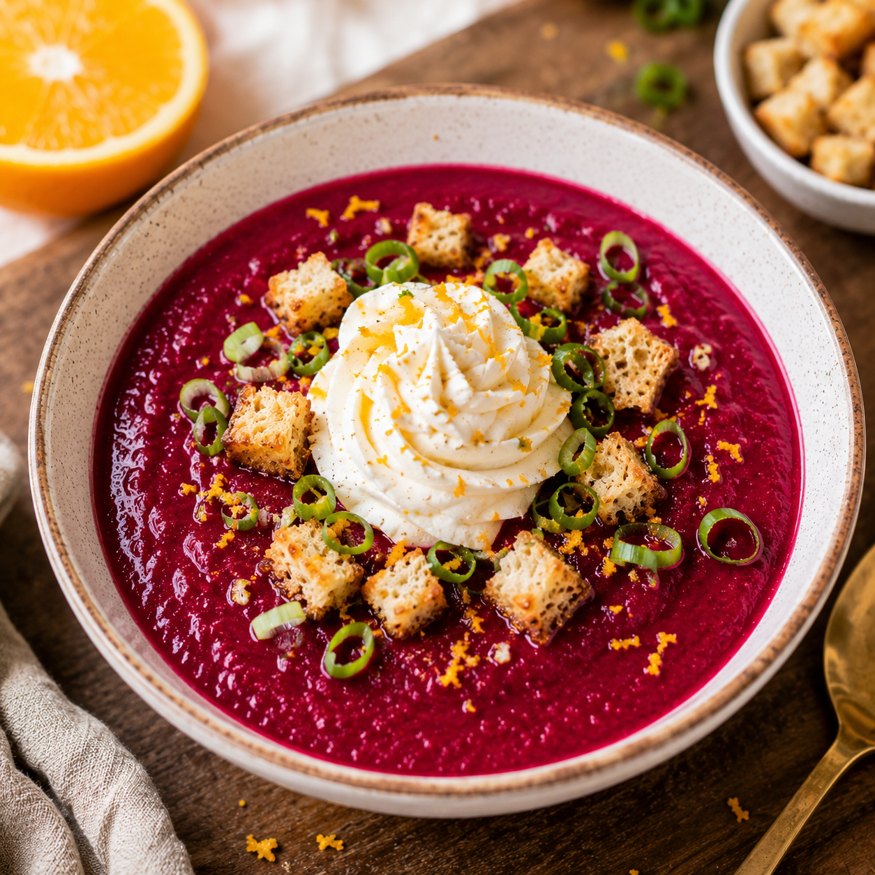 Gaspacho de betterave à l’orange et fromage de chèvre