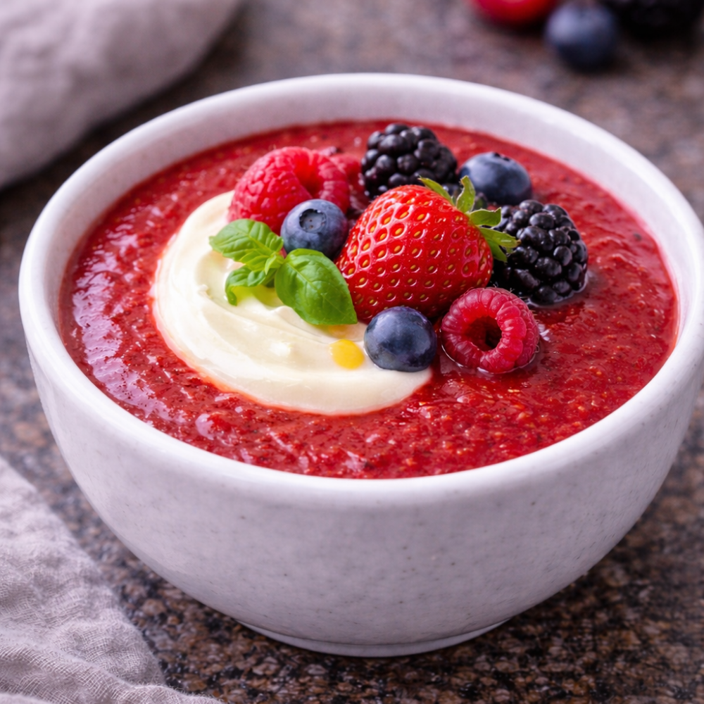 Gaspacho de fruits rouges et tomates version dessert