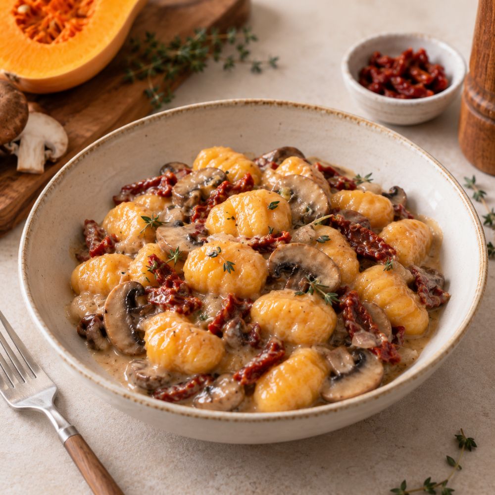 Gnocchi à la courge, sauce champignons vegan