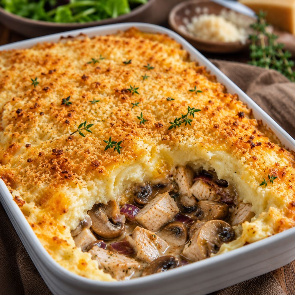 Gratin aux Champignons et Poulet Grillé