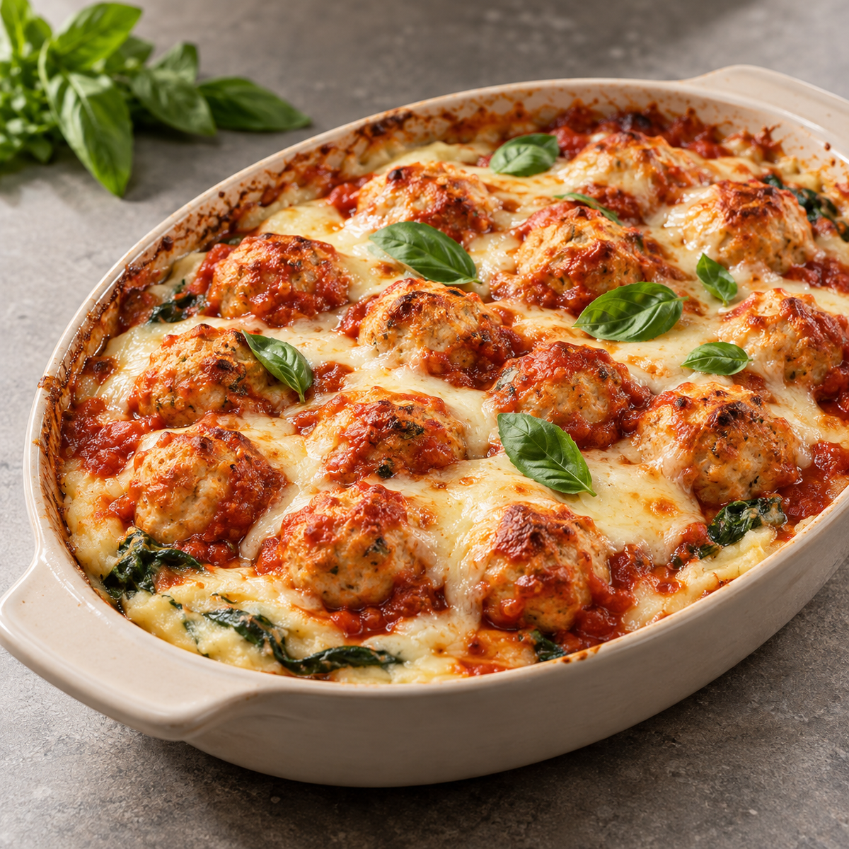Gratin de Boulettes de Poulet à la Sauce Tomate et Mozzarella Fondante