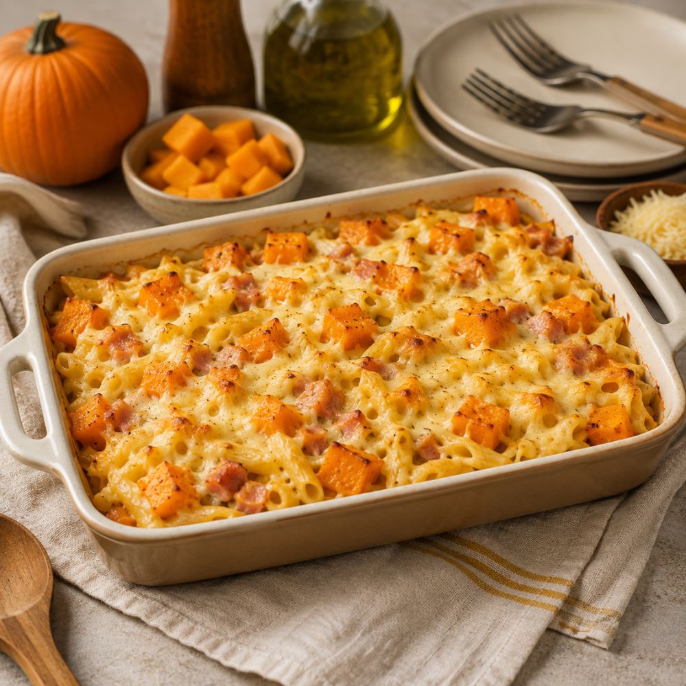 Gratin de pâtes, citrouille, jambon et fromage
