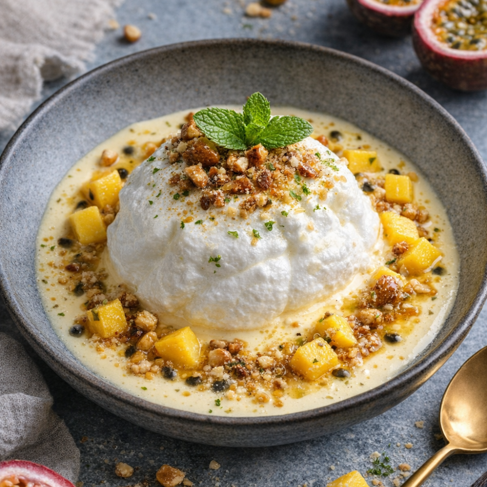 Île flottante, fruit de la passion et mangue