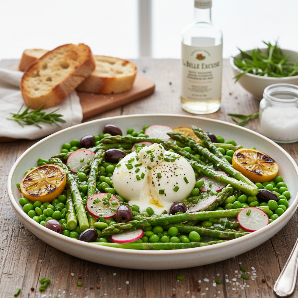 Légumes de printemps et buratta crémeuse