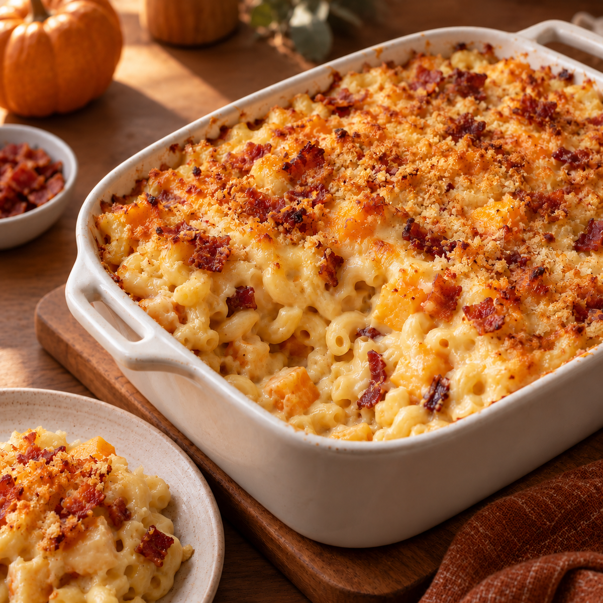 Macaroni courge et bacon croustillant