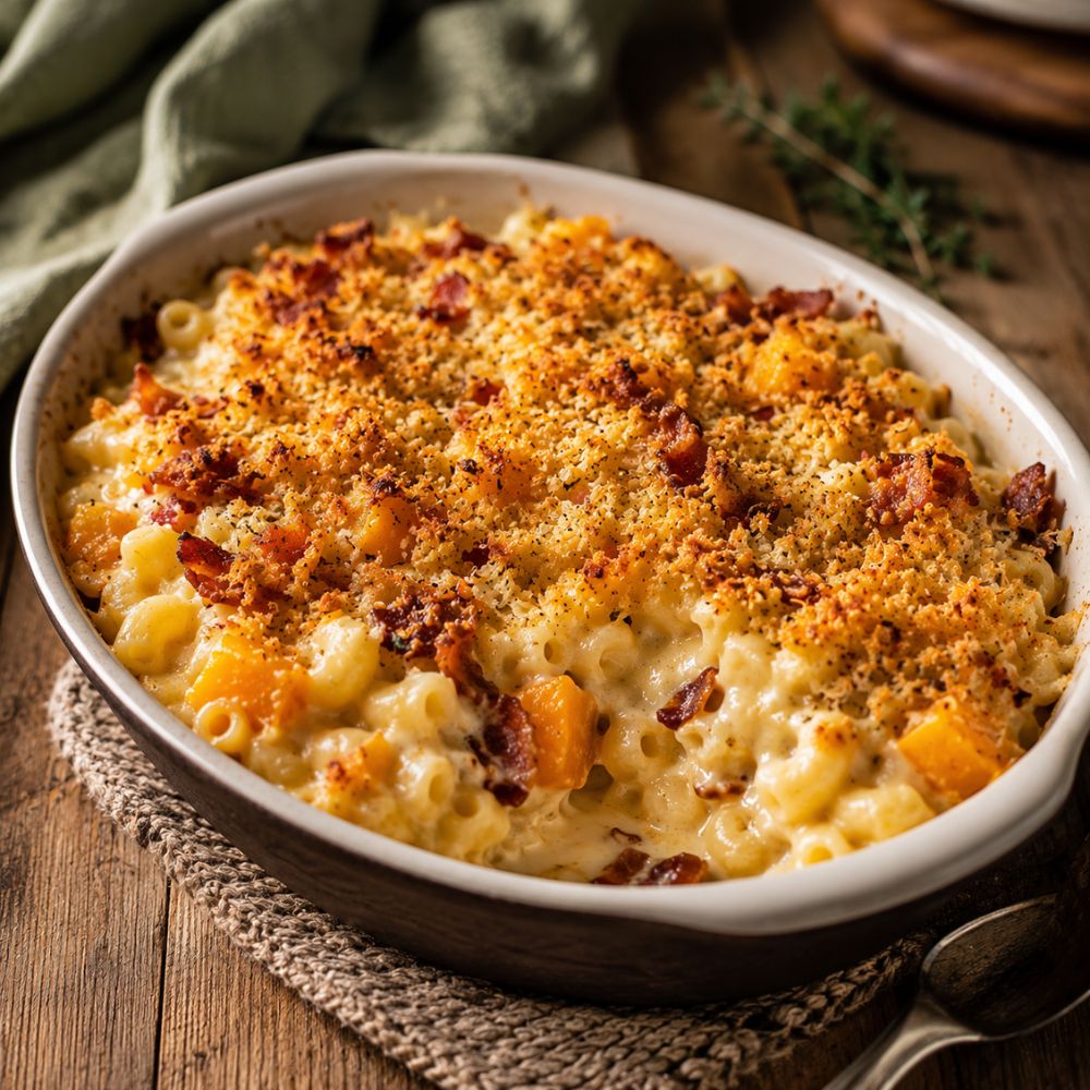Macaroni courge et bacon croustillant