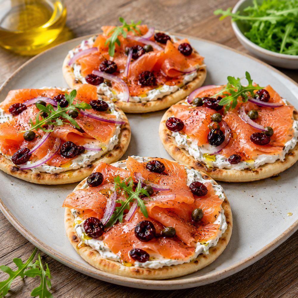Mini-pizzas apéritives au saumon fumé et canneberges séchées