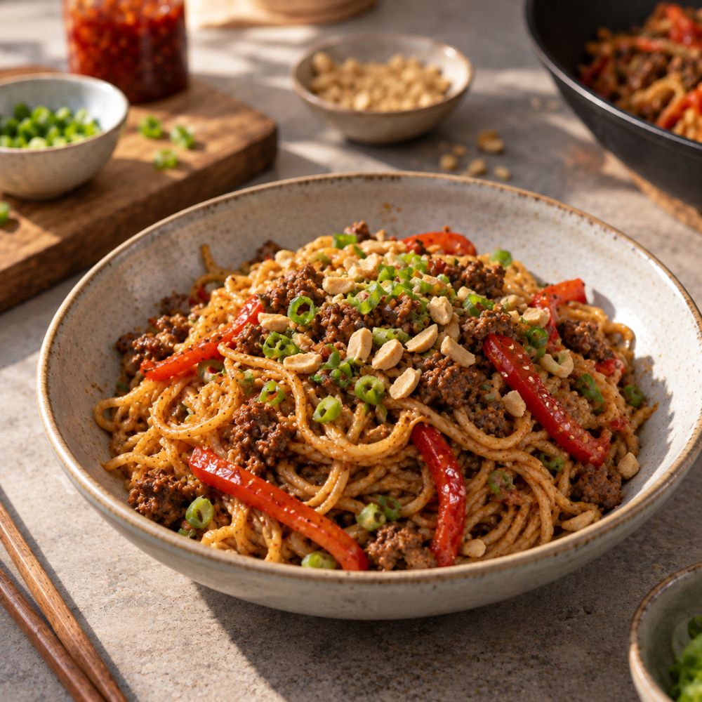 Nouilles épicées, viande hachée, poivrons et arachides
