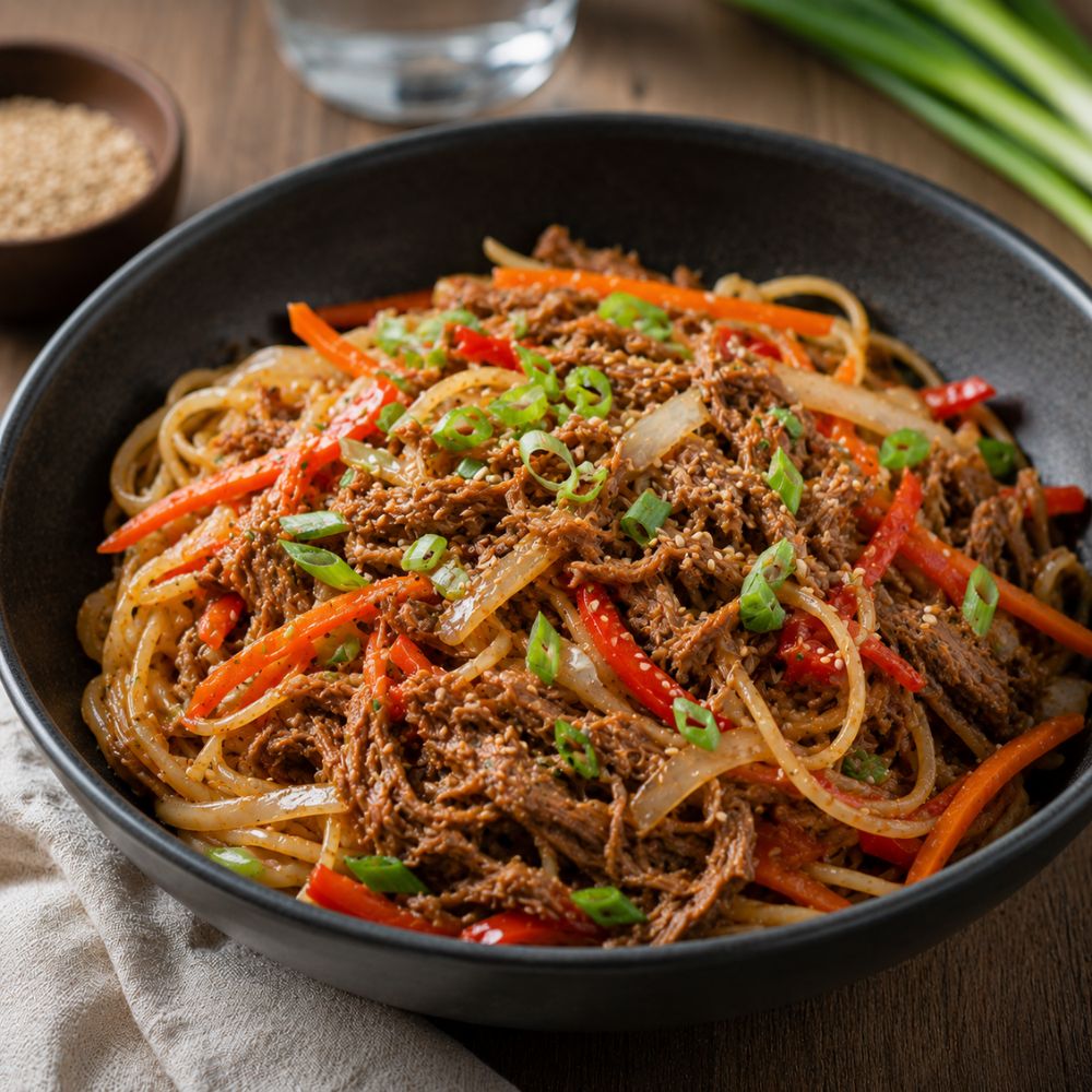 Nouilles sautées au mijoté de porc asiatique