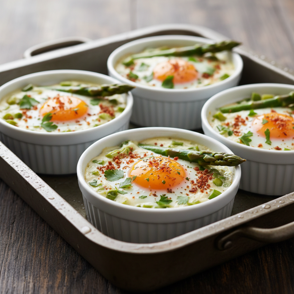Oeufs Cocotte aux asperges vertes et parmesan de jambon cru