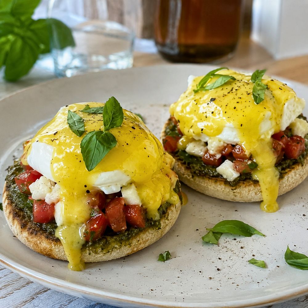 Œufs bénédictine bruschetta et pesto sur muffin anglais