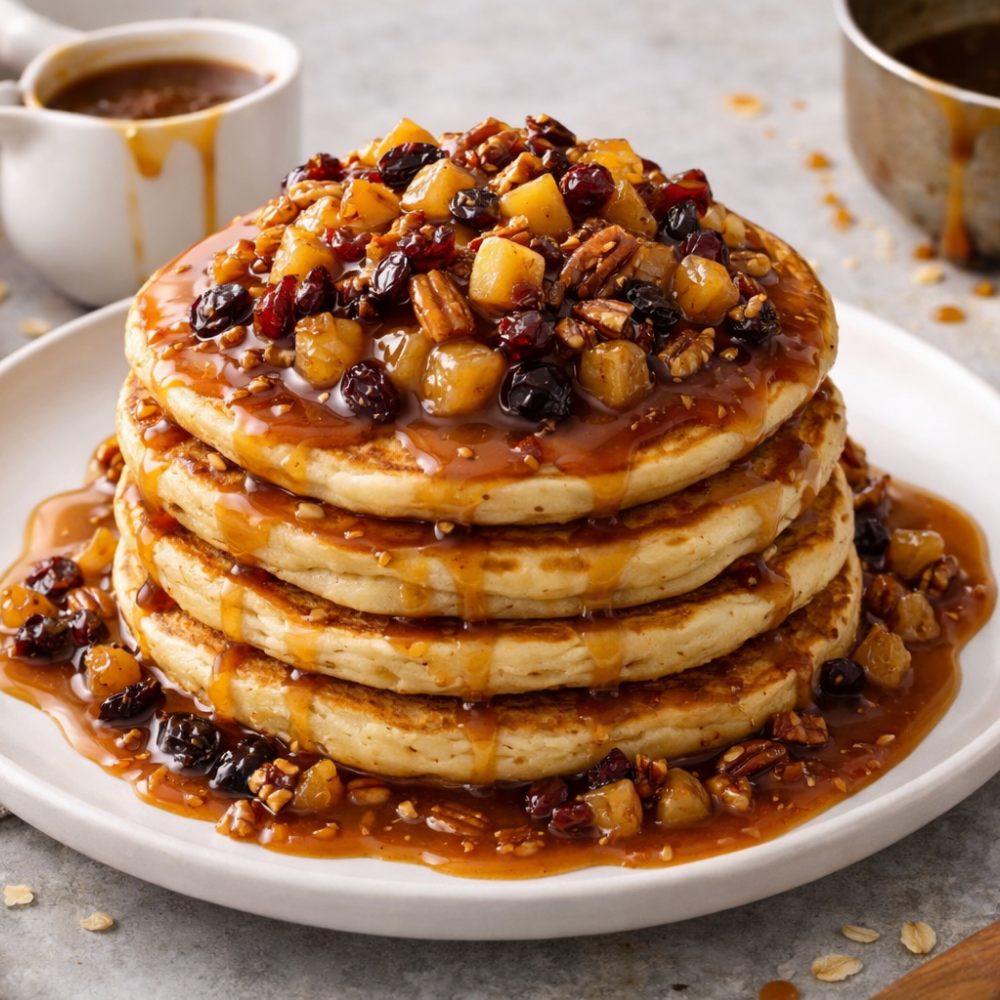 Pancakes aux pommes, caramel épicé et fruits secs