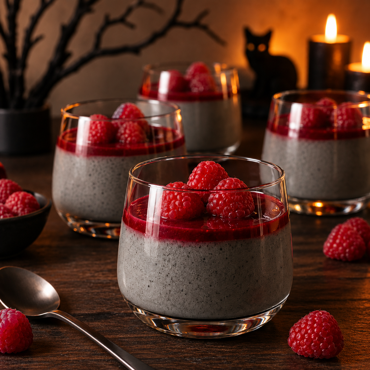 Panna cotta ensorcelée au sésame noir et aux framboises