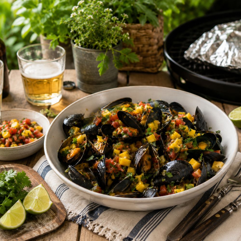 Papillote de moules, salsa de mangues et tomates