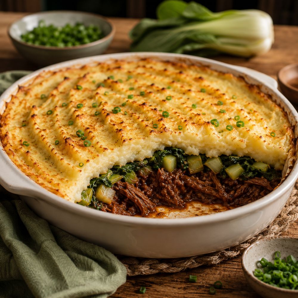 Pâté Chinois Revisitée au Bœuf Effiloché, Sauce Char Siu et Bok Choy Sauté