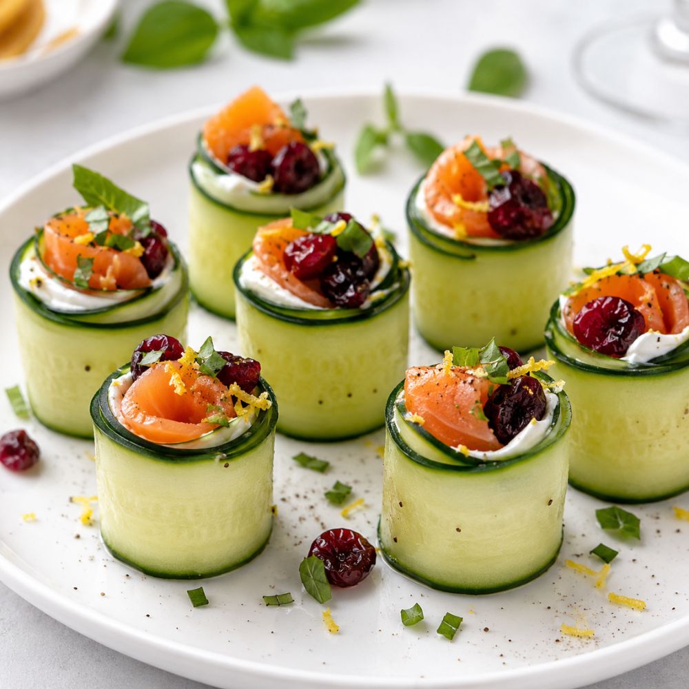 Petits roulés de concombre au saumon fumé et canneberges séchées