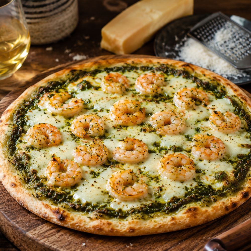 Pizza aux crevettes et pesto