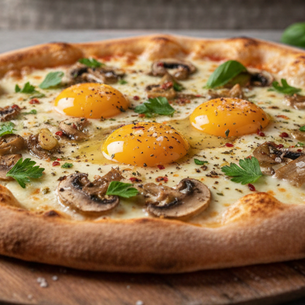Pizza aux œufs et champignons en persillade